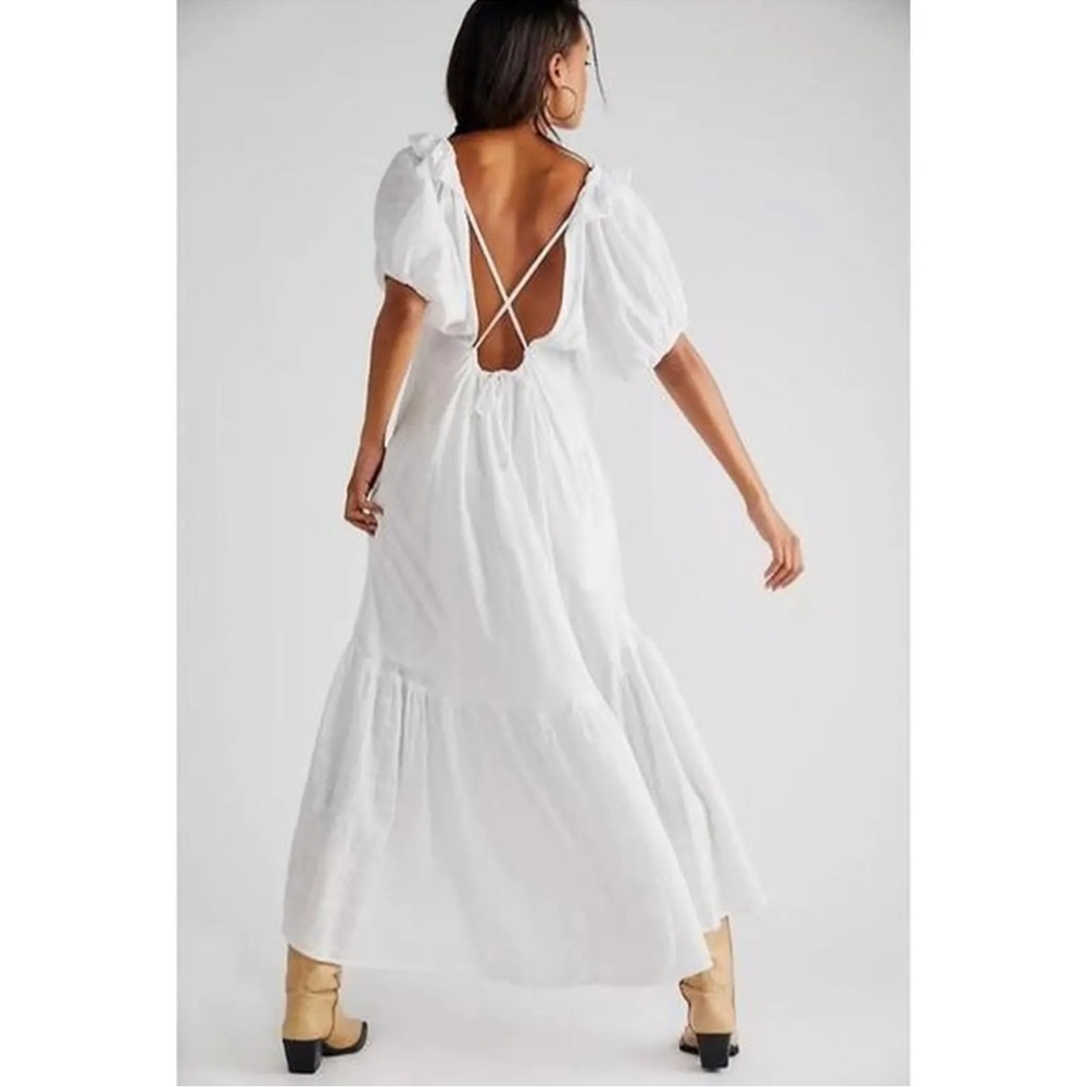 Free People Kaylin White Maxi Dress Open Tie Back Puff Sleeve Romantic M
